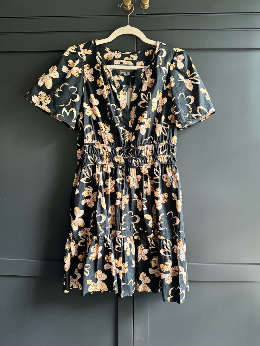 Anthropologie Black and Tan Somerset Floral Ruffle Mini Dress - NWT